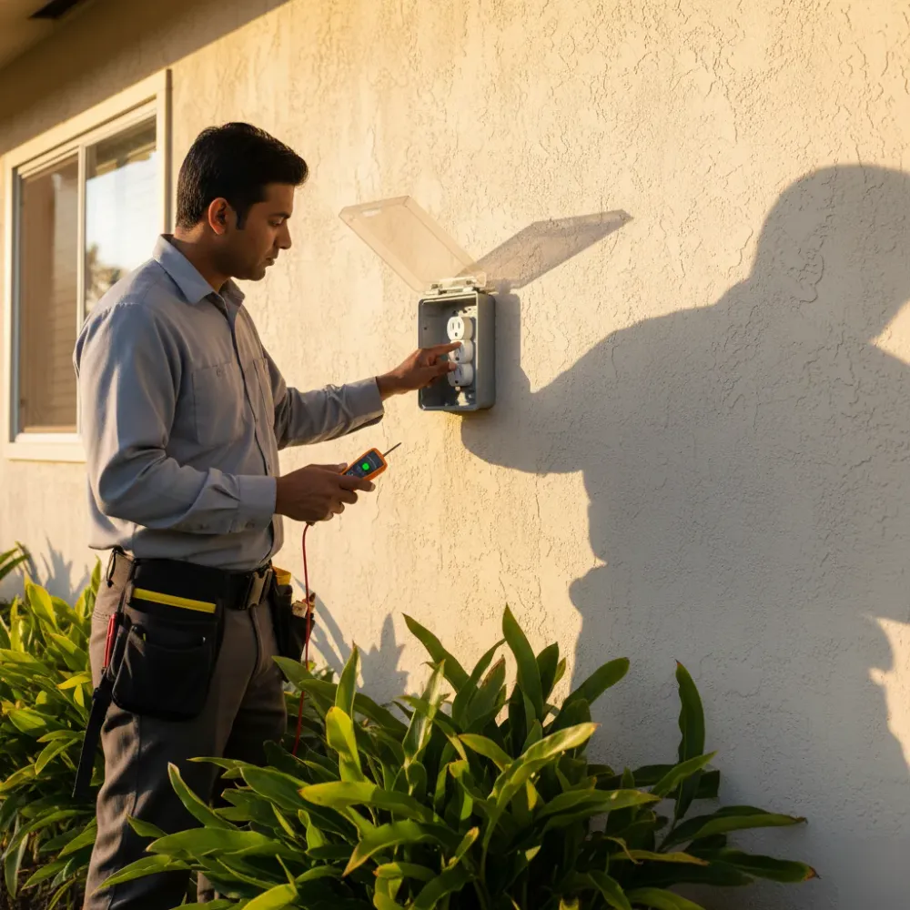 Electrician testing GFCI outlet at Oahu home exterior wall