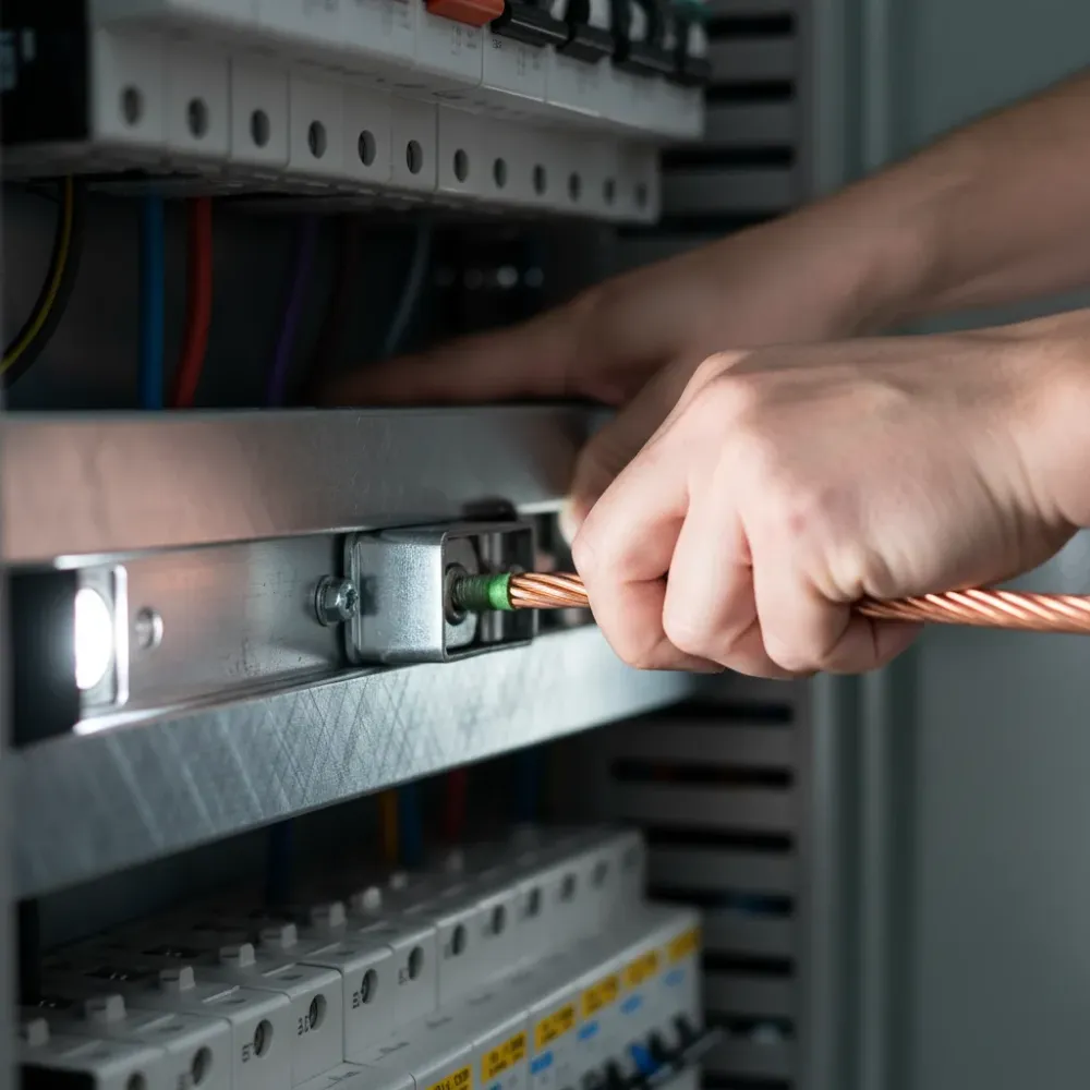 Close-up of copper grounding wire secured to electrical panel bus bar during grounding installation Oahu