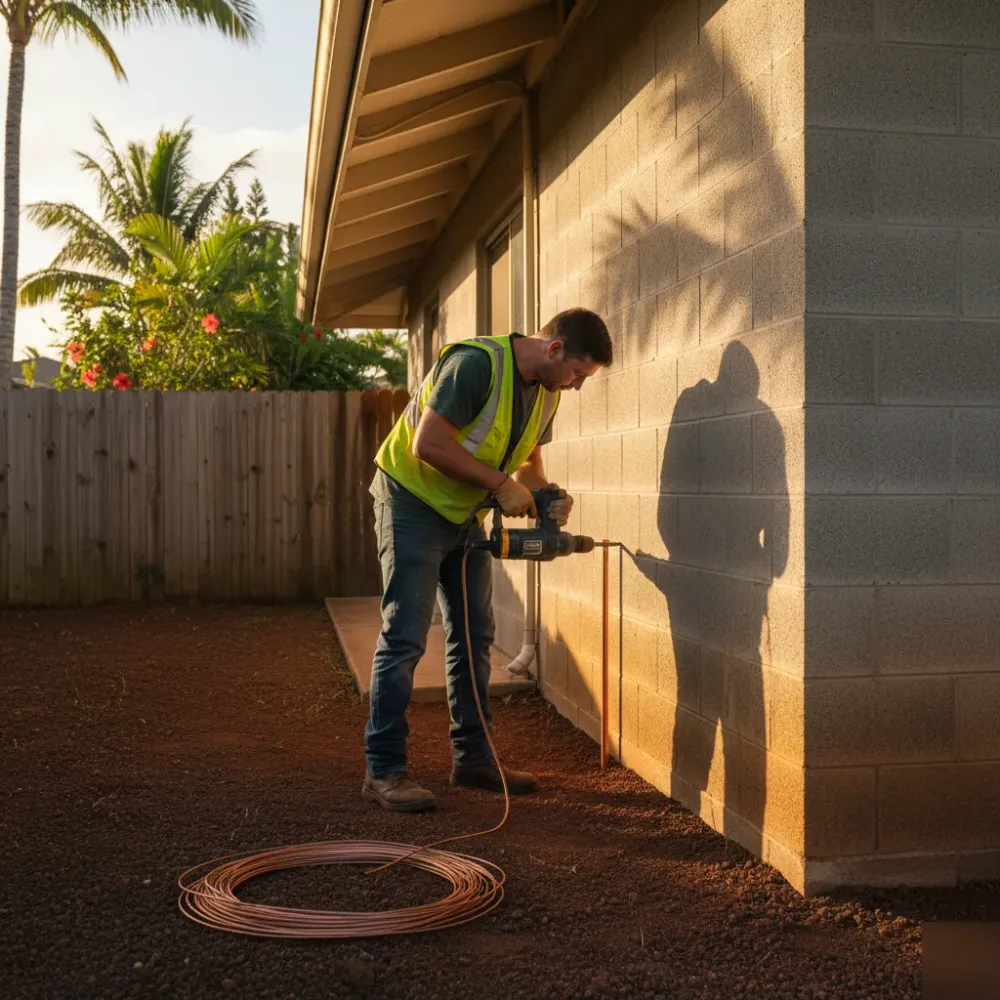 Electrician installing copper grounding rod outside Oahu residential home during grounding installation service