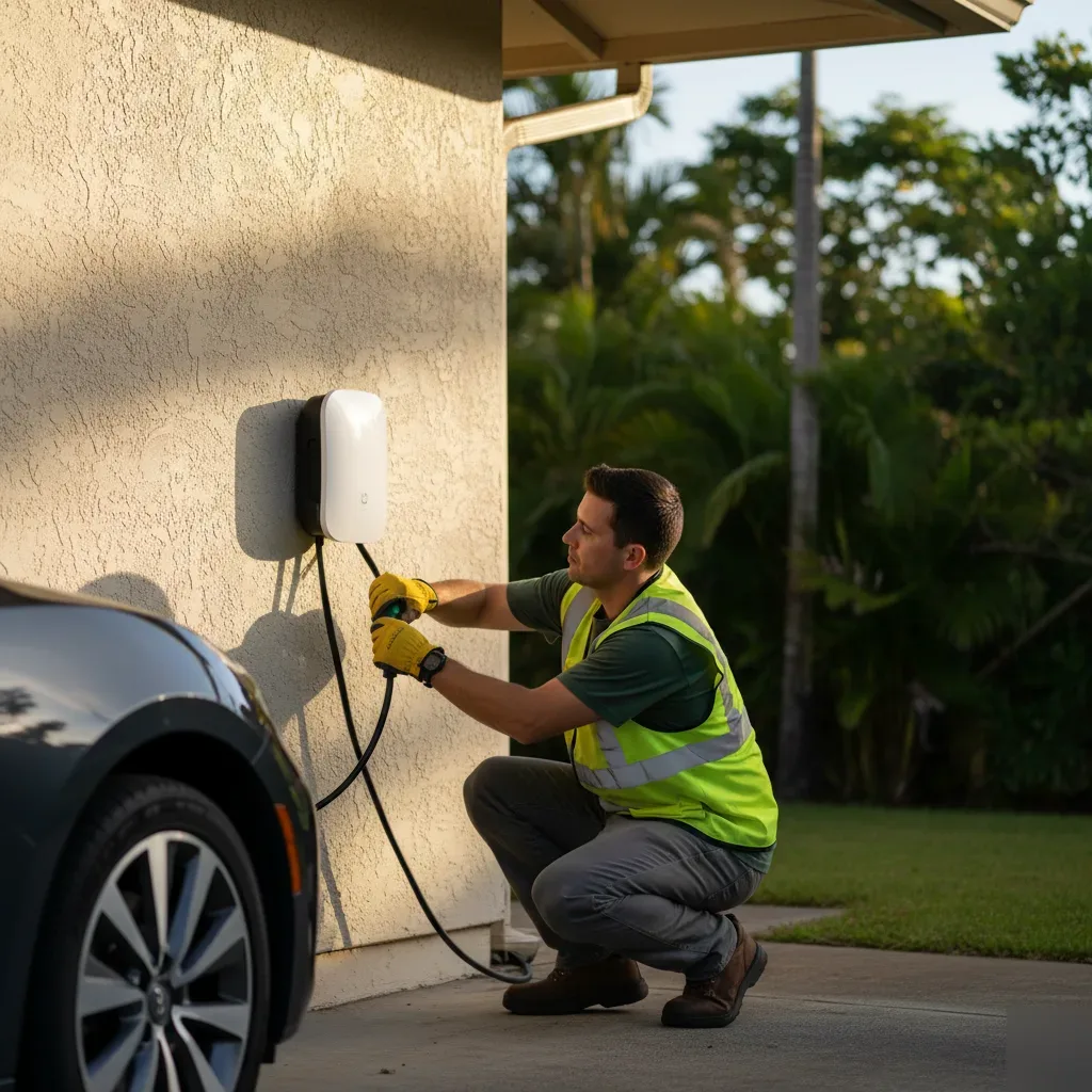 Licensed electrician installing a home EV charger on an Oahu residential exterior wall