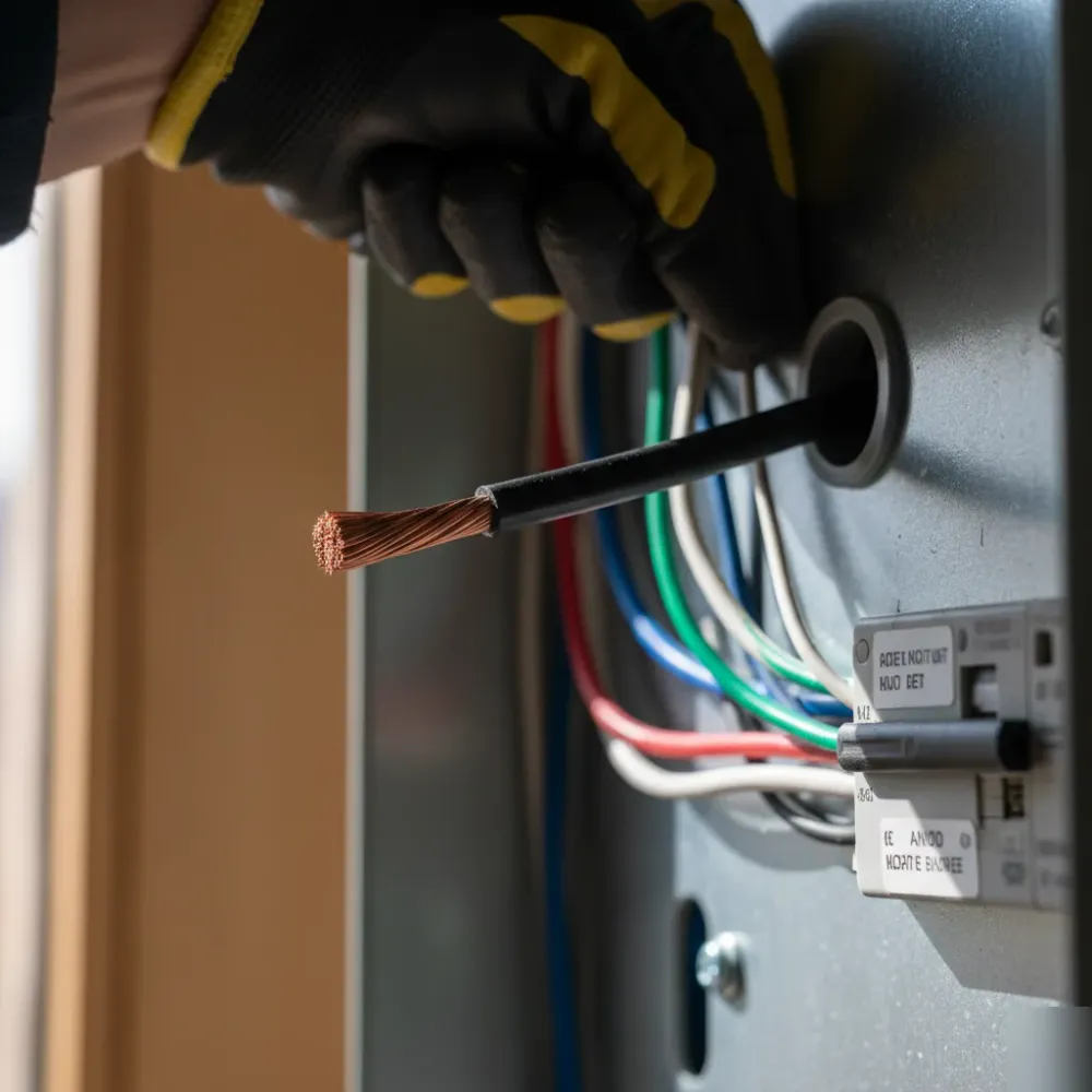 Close-up of electrician wiring an electrical panel for EV charger installation in Oahu home