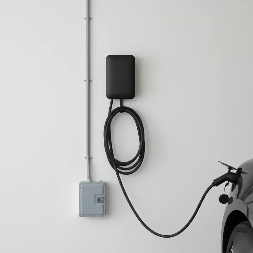 Completed home EV charger installation in a clean Oahu residential garage