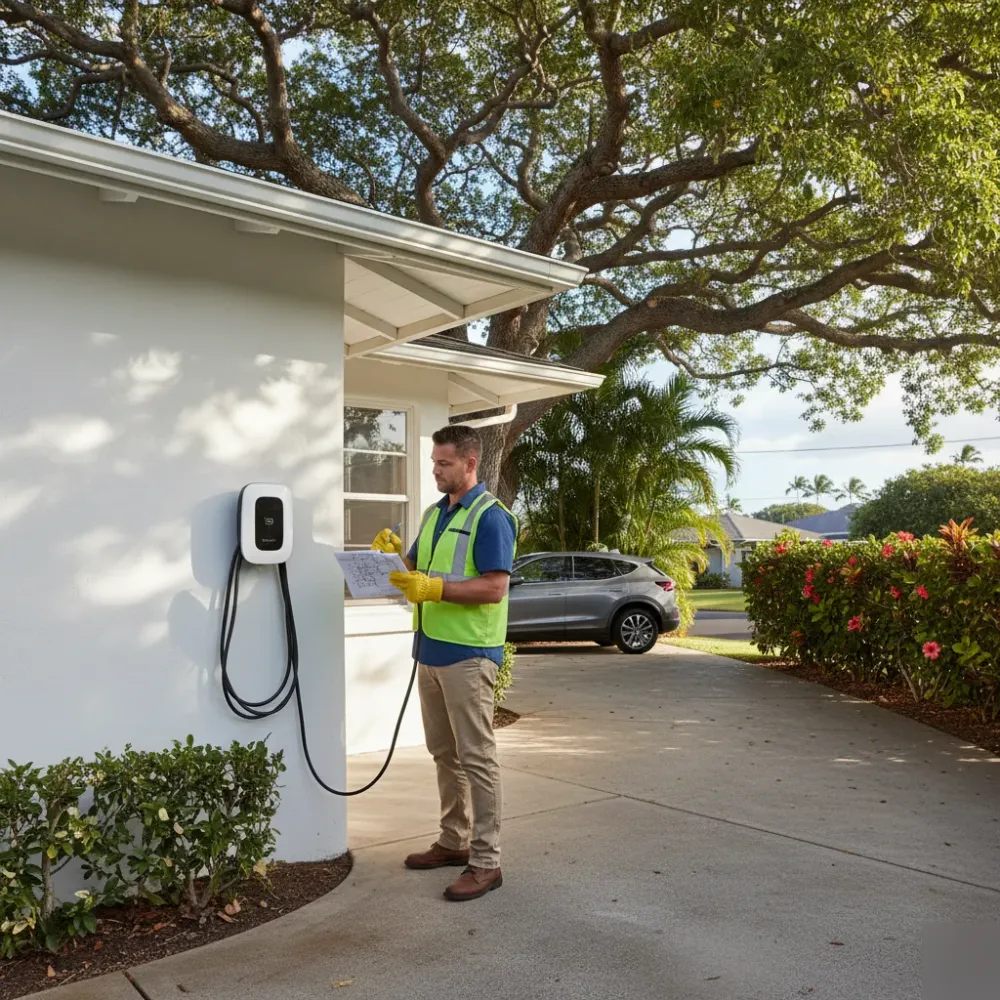 Electrician reviewing EV charger installation outside a plantation-style home on Oahu