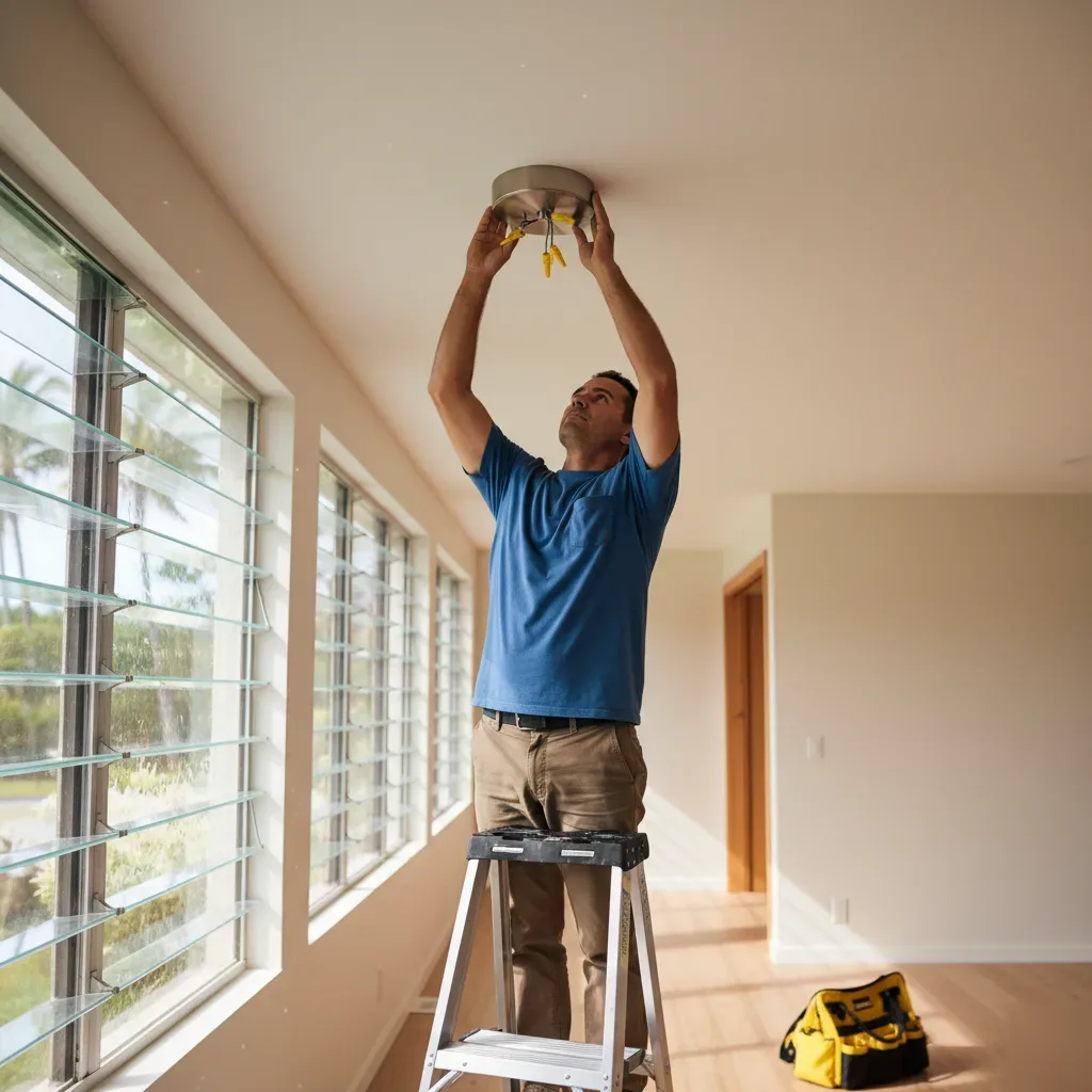 Licensed electrician installing a ceiling light fixture in an Oahu home