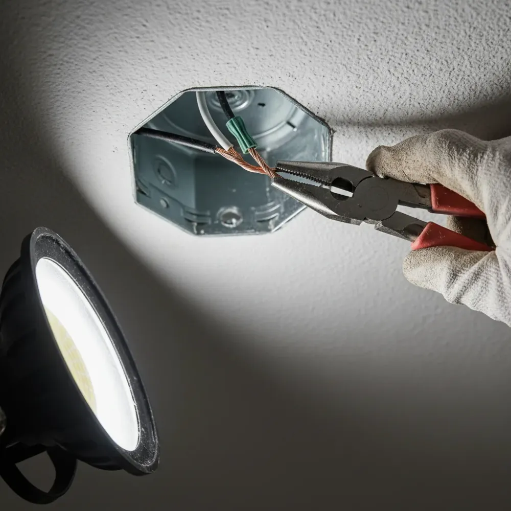 Close-up of copper wiring being connected inside a ceiling electrical box