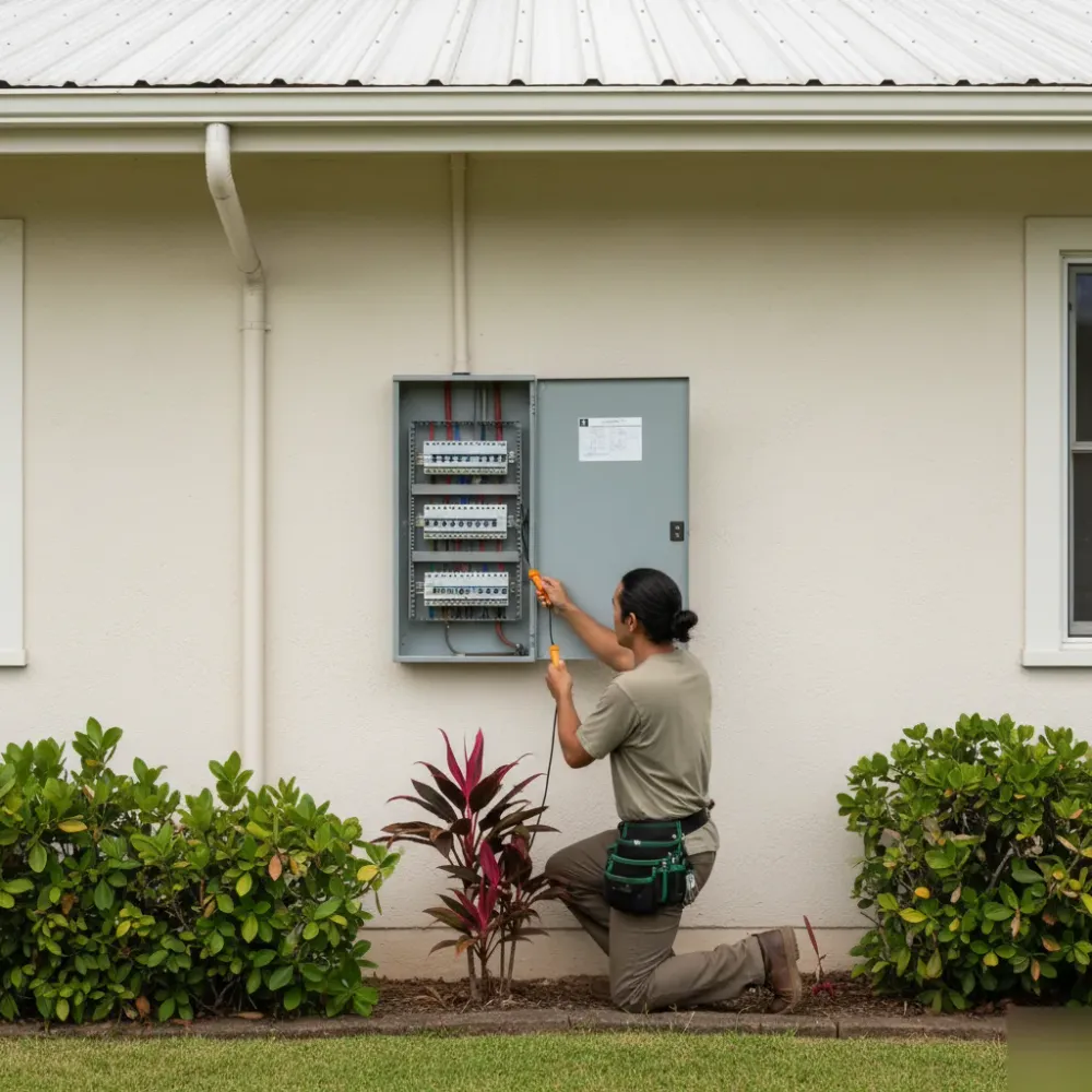 Electrician inspecting exterior electrical panel at a residential home in Oahu