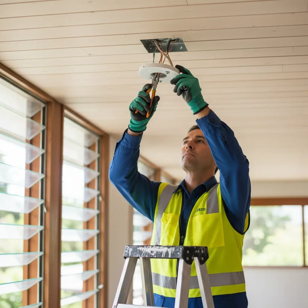 Licensed electrician repairing a ceiling light fixture in an Oahu home