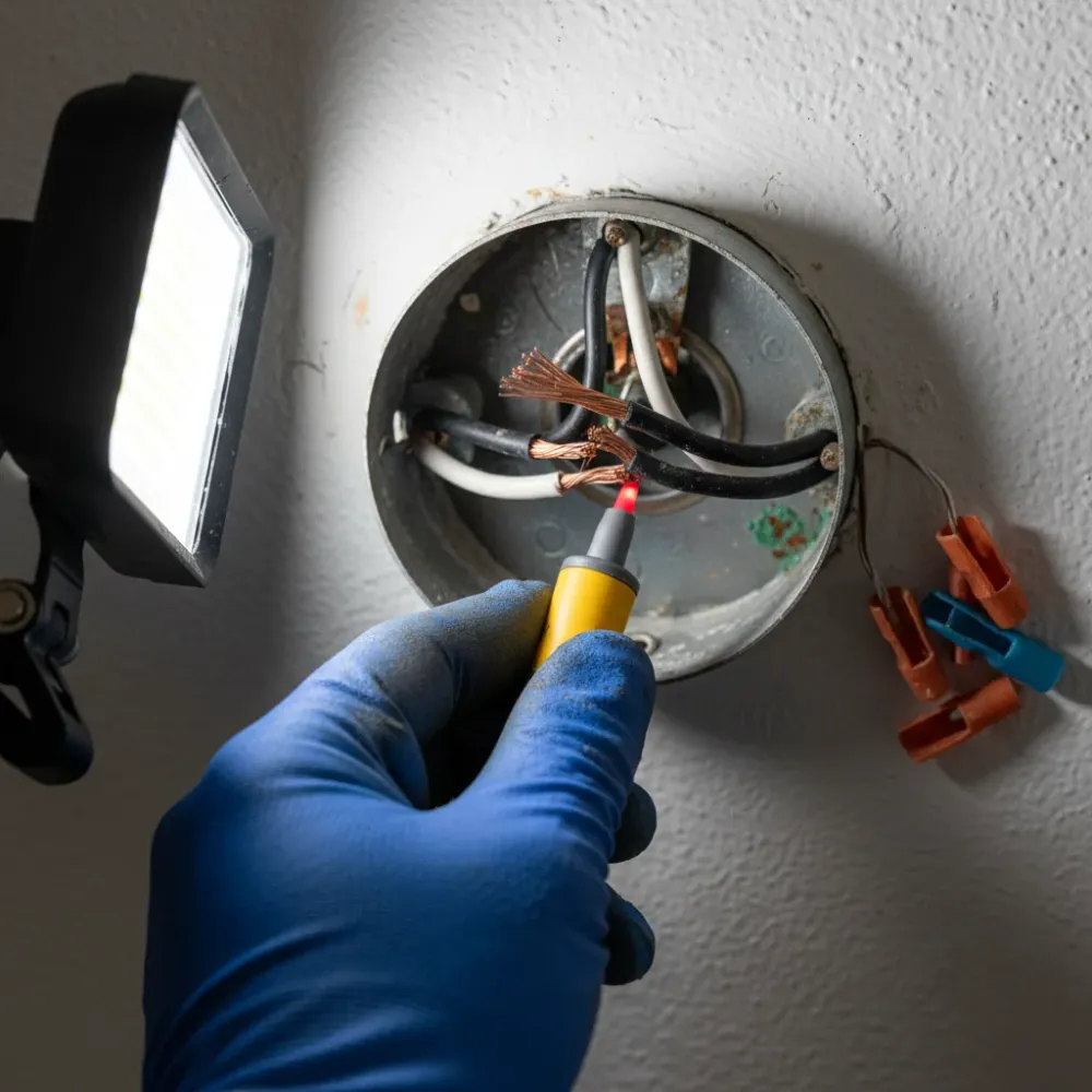 Close-up of voltage tester on wiring during light fixture repair in Oahu