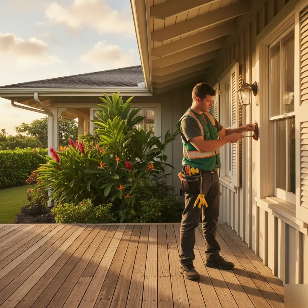 Electrician inspecting exterior light fixture at an Oahu plantation-style home