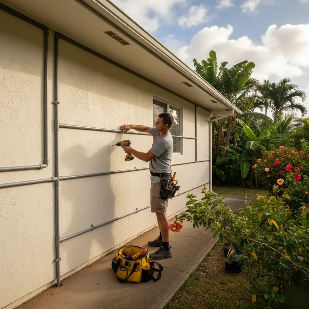 Electrician running conduit on exterior of Oahu home during new electrical installation