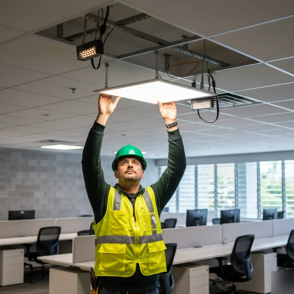 Office lighting installation in Oahu with electrician mounting LED troffer in drop ceiling