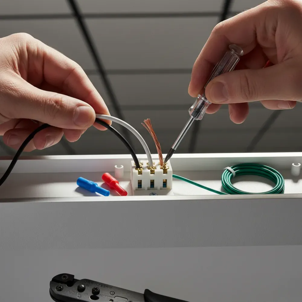 Close-up of electrician wiring LED office light fixture during installation in Oahu