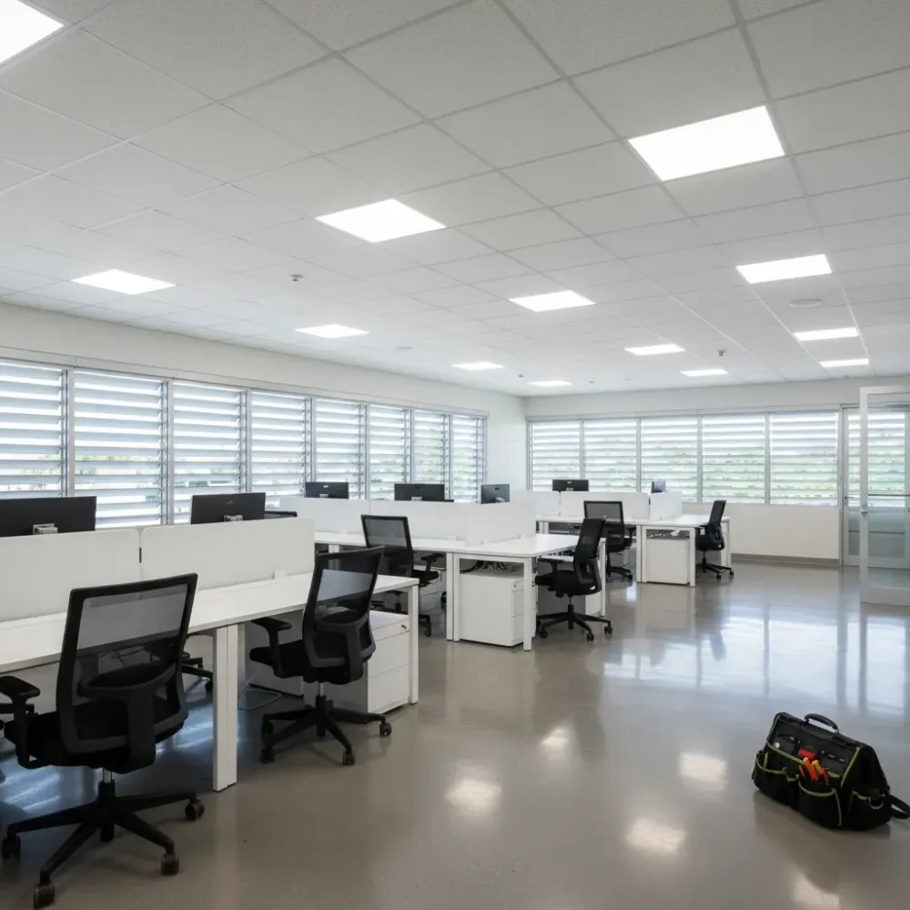 Completed office lighting installation in Oahu with even LED ceiling fixtures above workstations
