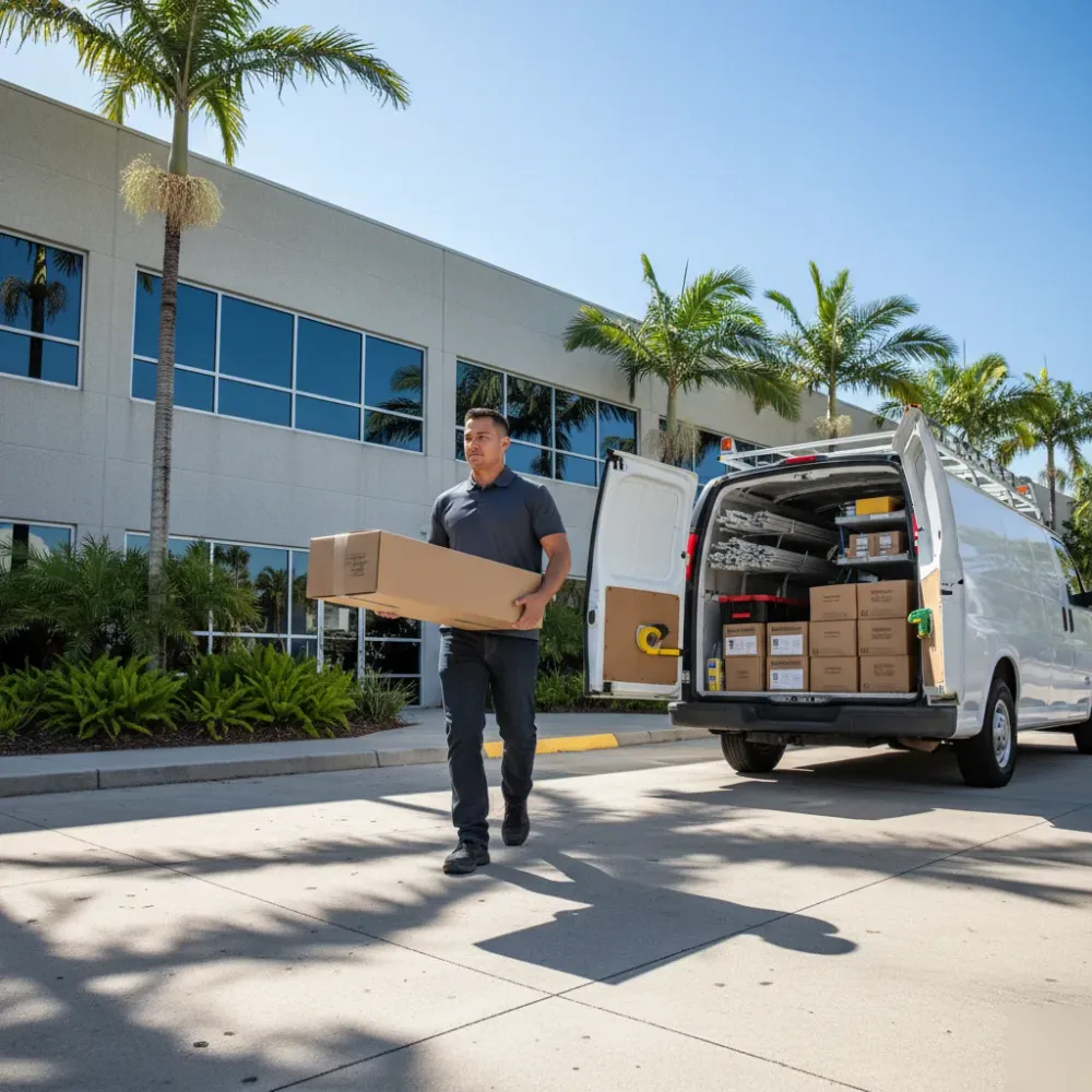 Electrician unloading office lighting fixtures outside commercial building in Oahu Hawaii