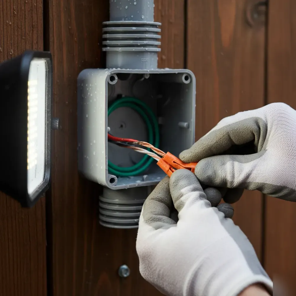 Close-up of weatherproof outdoor lighting wire connection during Oahu installation