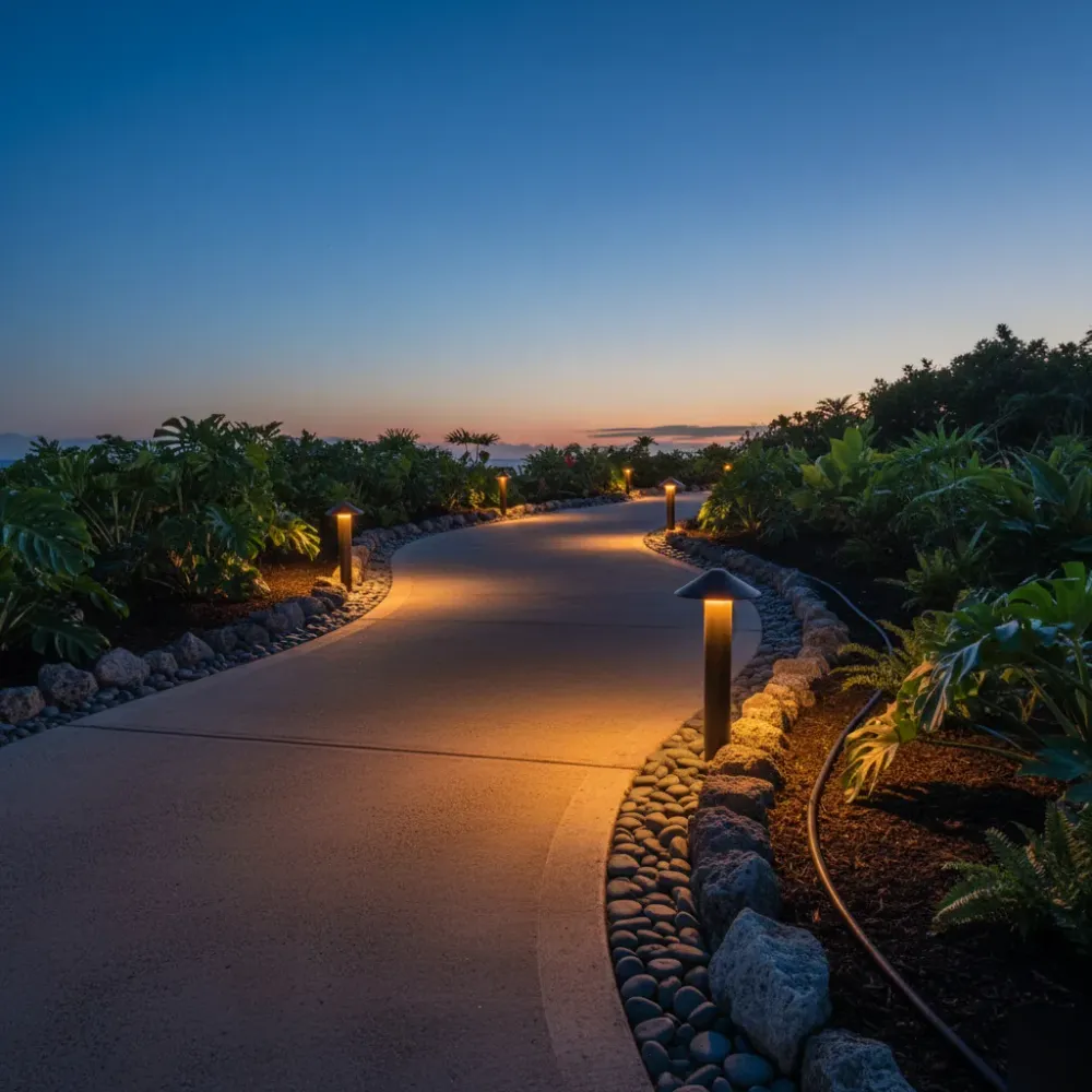 Completed outdoor pathway lighting installation glowing at dusk in Oahu