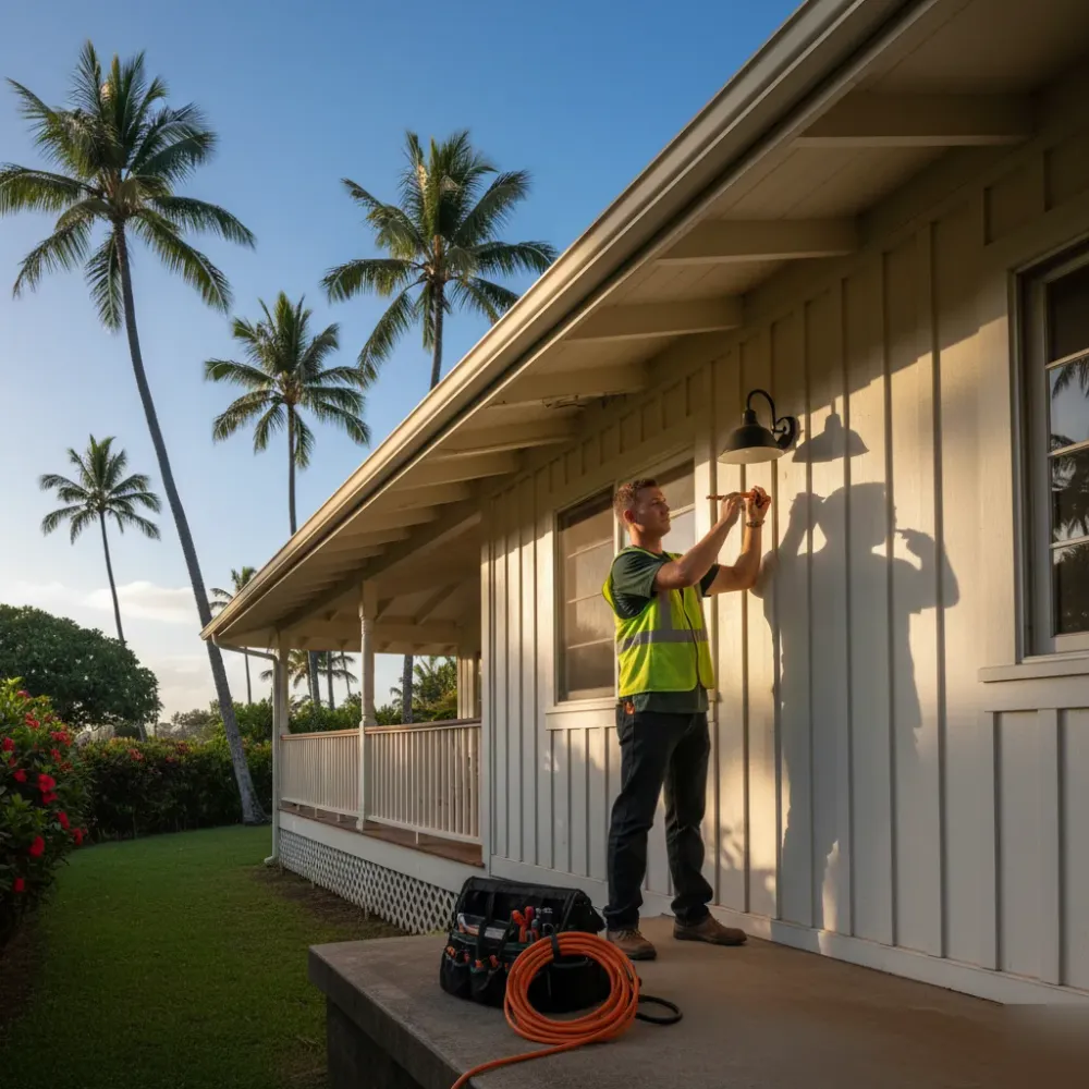 Electrician testing new outdoor lighting fixture on Oahu plantation-style home