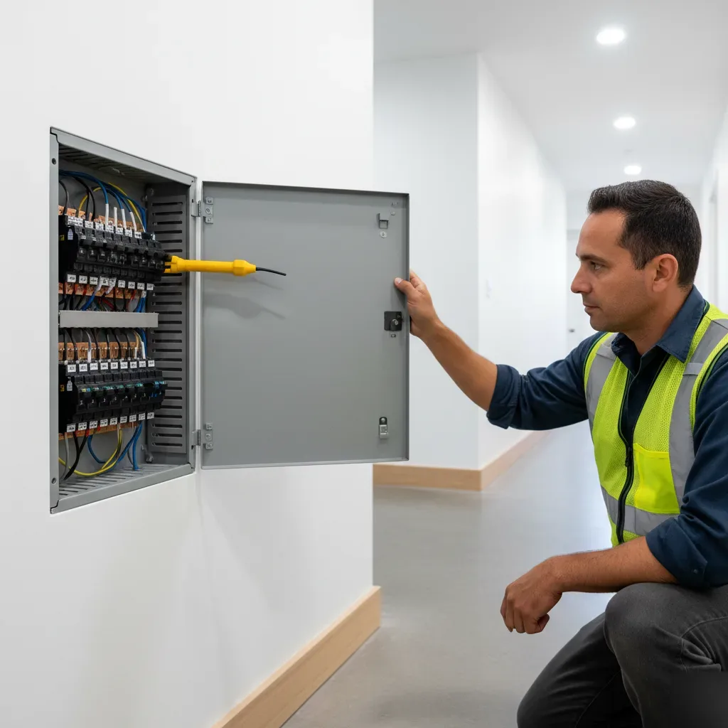 Electrician testing circuit breakers during power restoration service in Oahu home