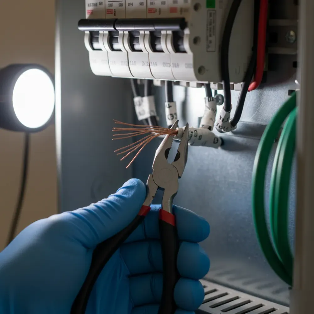 Close-up of copper wire and breaker panel during power restoration in Oahu