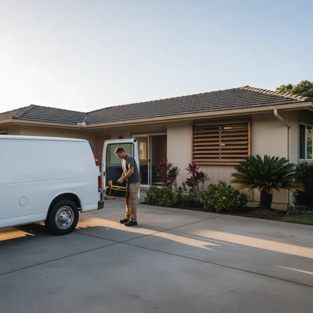 Electrician completing power restoration service call at Oahu residential home