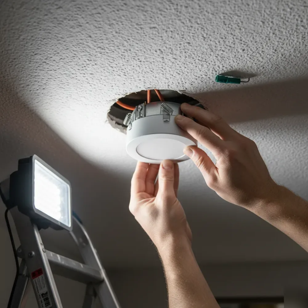 Close-up of recessed light housing installation into drywall ceiling in Oahu home