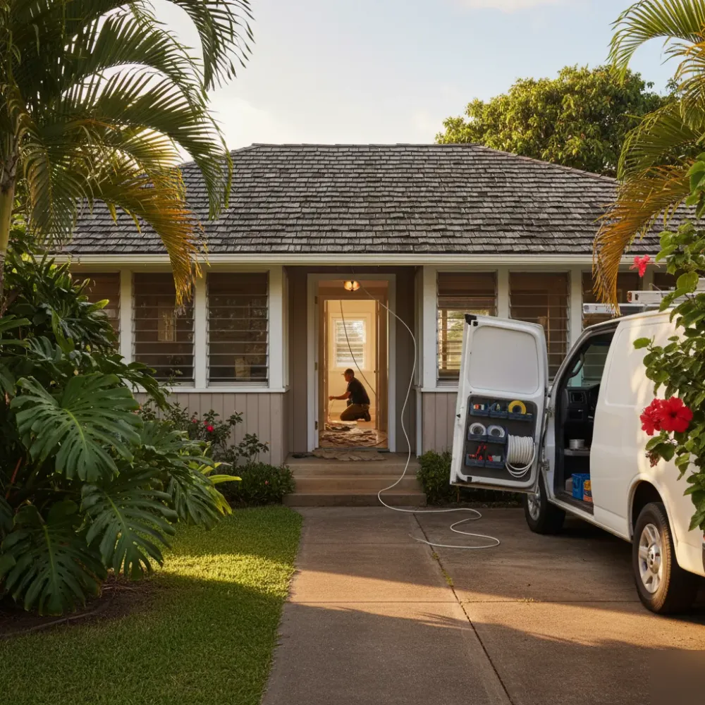 Electrician installing recessed lighting inside an Oahu bungalow home exterior view