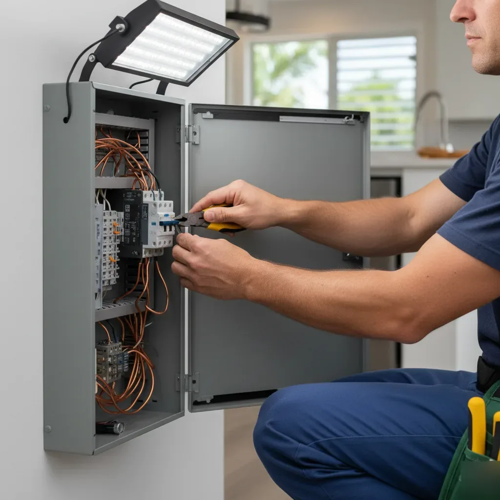 Licensed electrician performing remodeling electrical work on residential panel in Oahu