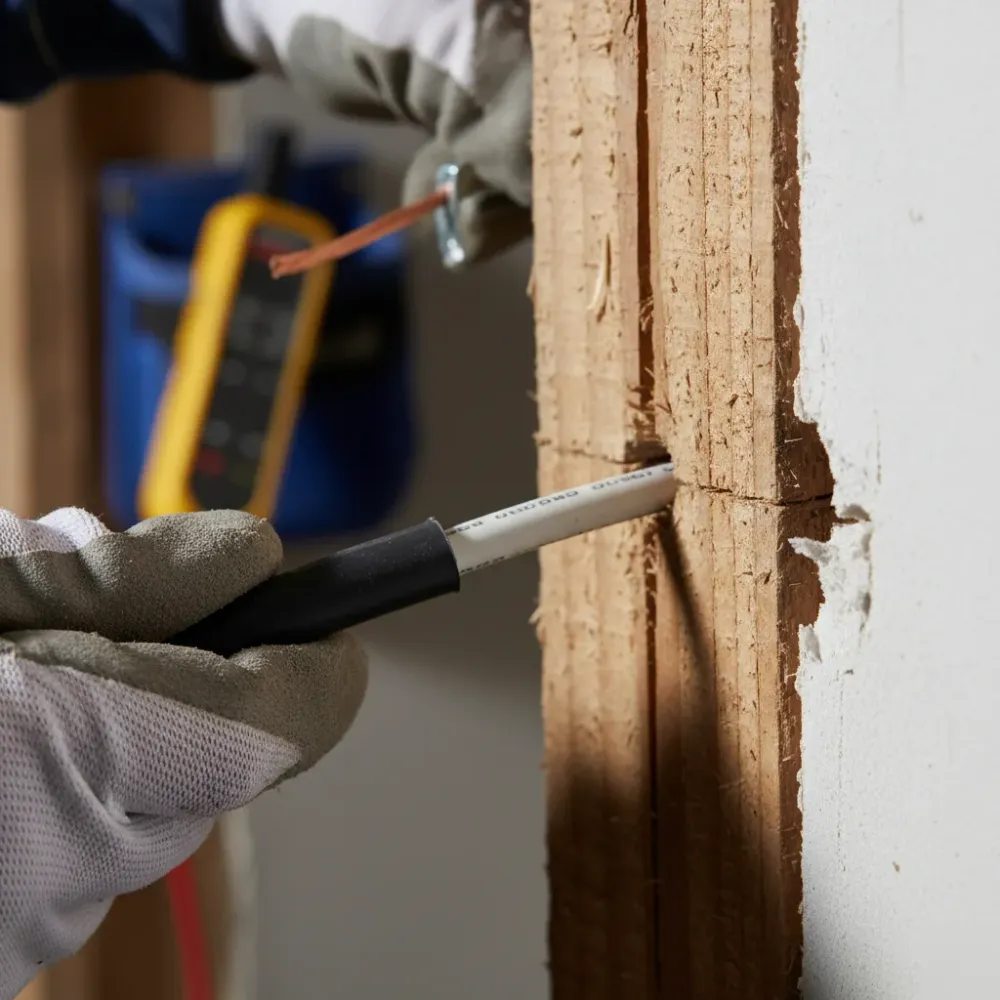 Close-up of electrical wiring installation during home remodeling work in Oahu