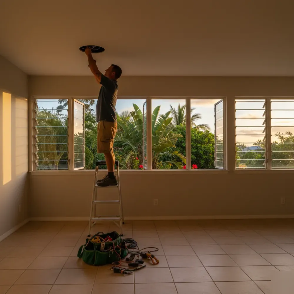 Electrician installing lighting during remodeling electrical work inside Oahu residence