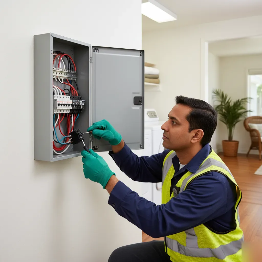 Licensed electrician servicing residential electrical panel in Oahu home