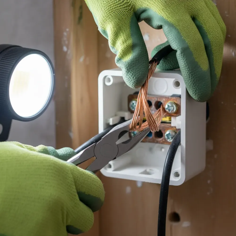 Close-up of electrician fixing loose wire connection in Oahu residence