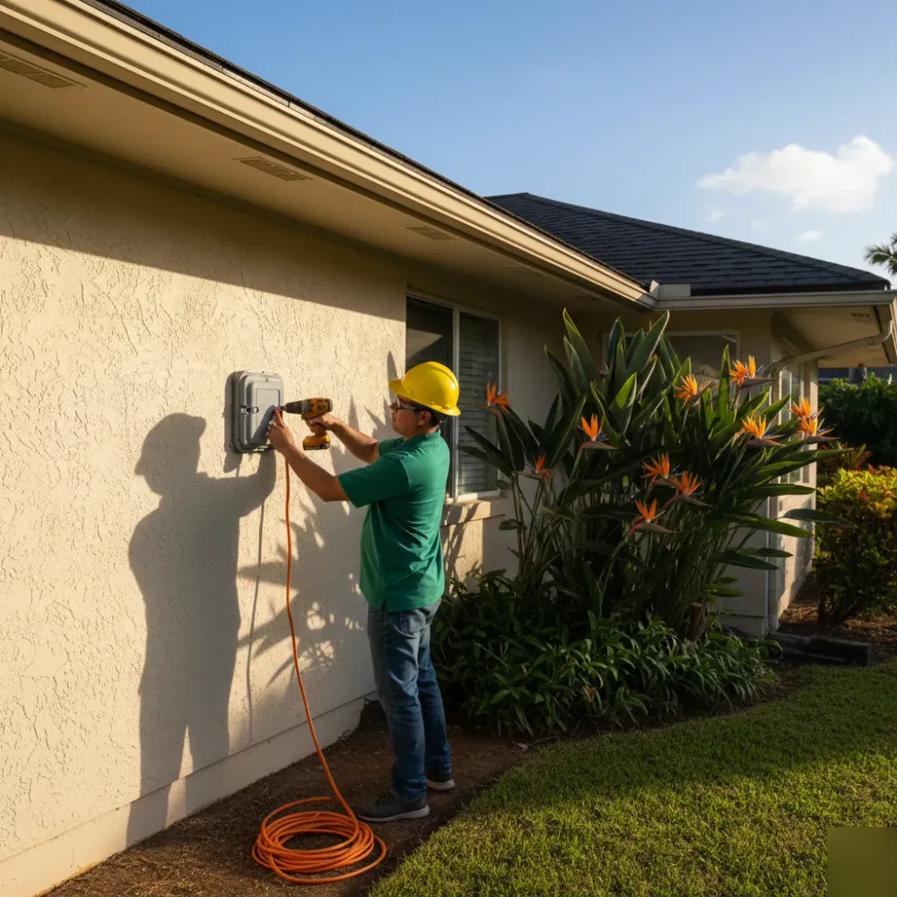 Electrician installing outdoor outlet on Oahu residential home exterior