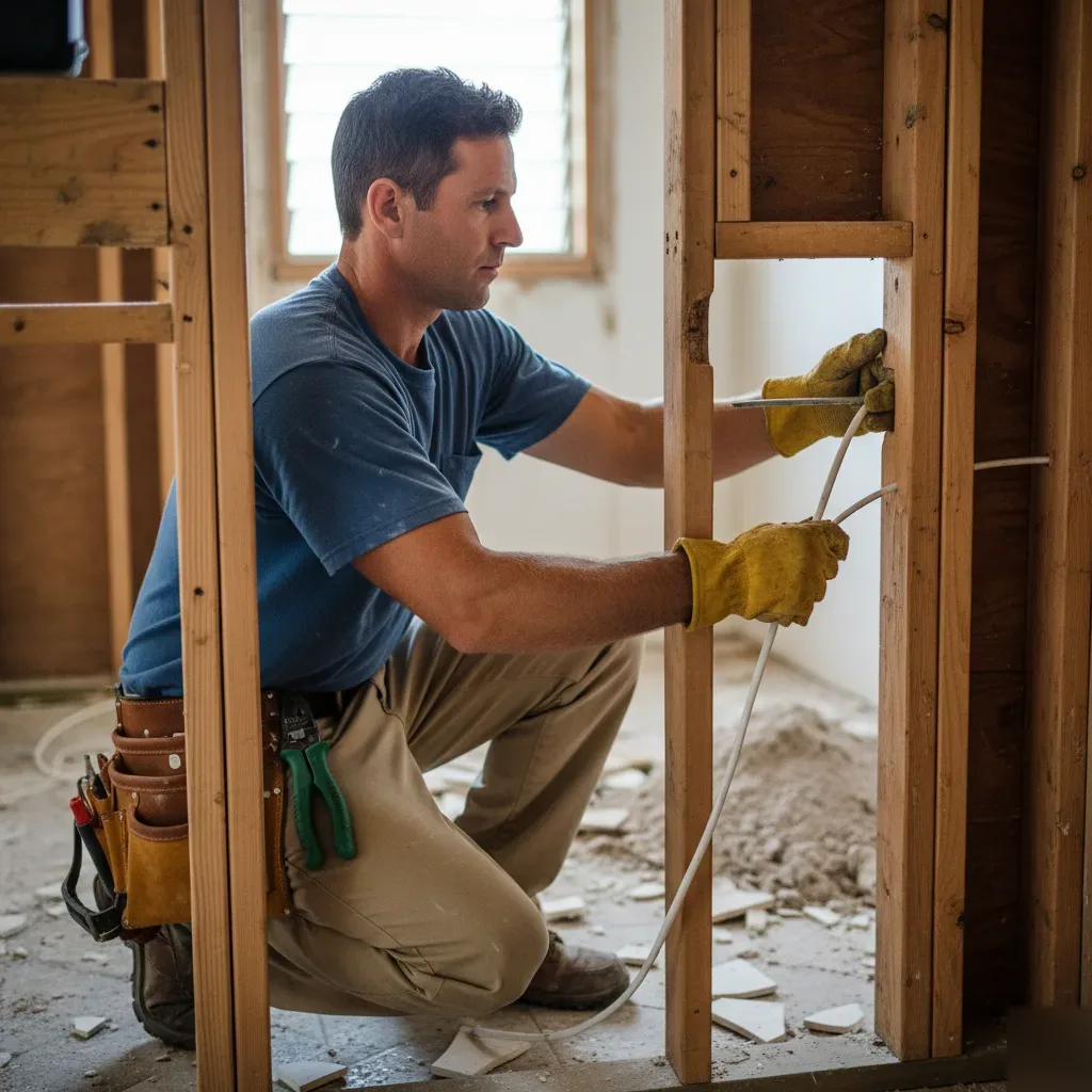 Electrician rewiring interior wall during home remodel in Oahu
