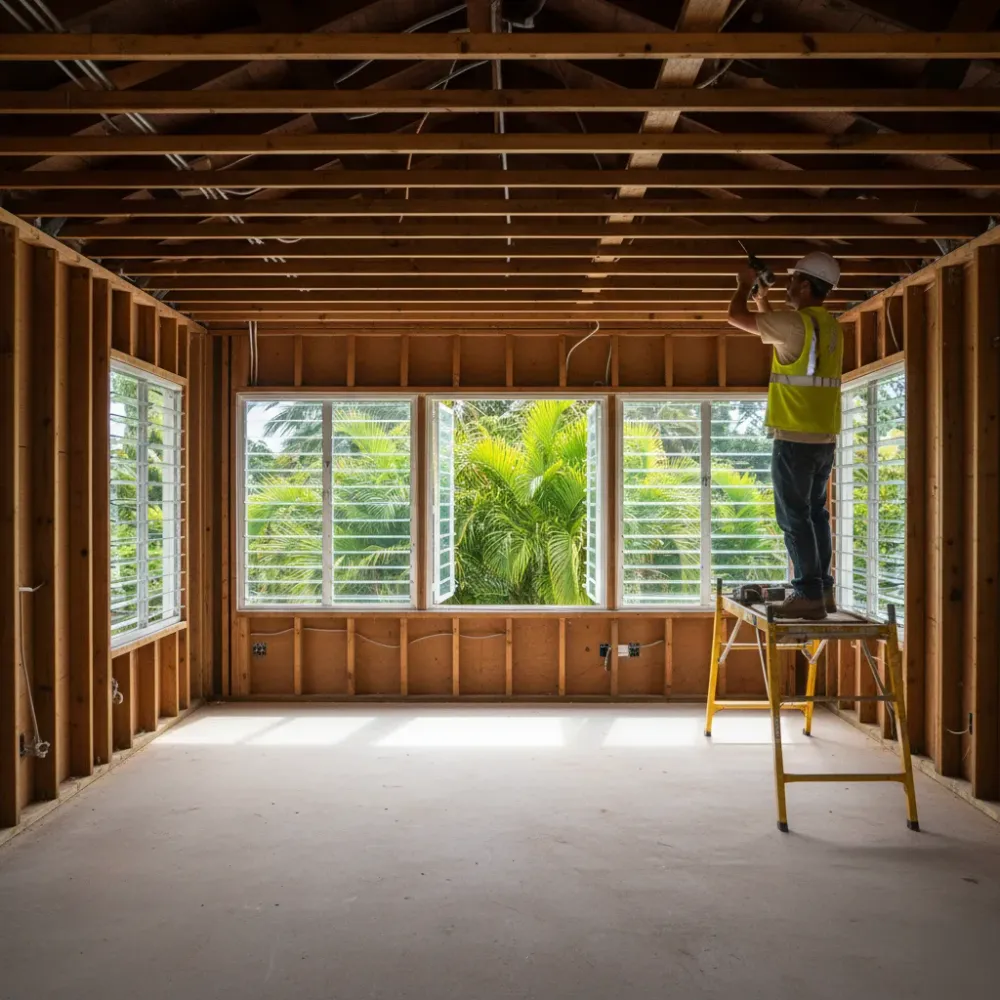 Electrician rewiring single-story Oahu bungalow during full home remodel