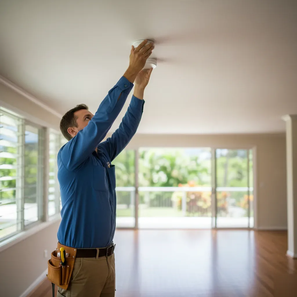 Electrician installing hardwired smoke detector on ceiling in Oahu home