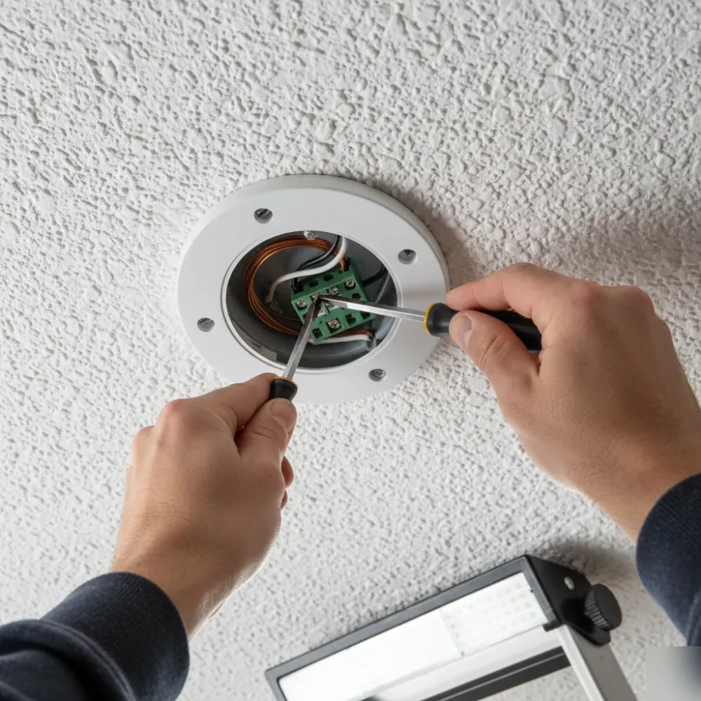 Close-up of smoke detector wiring and mounting bracket installation in Oahu