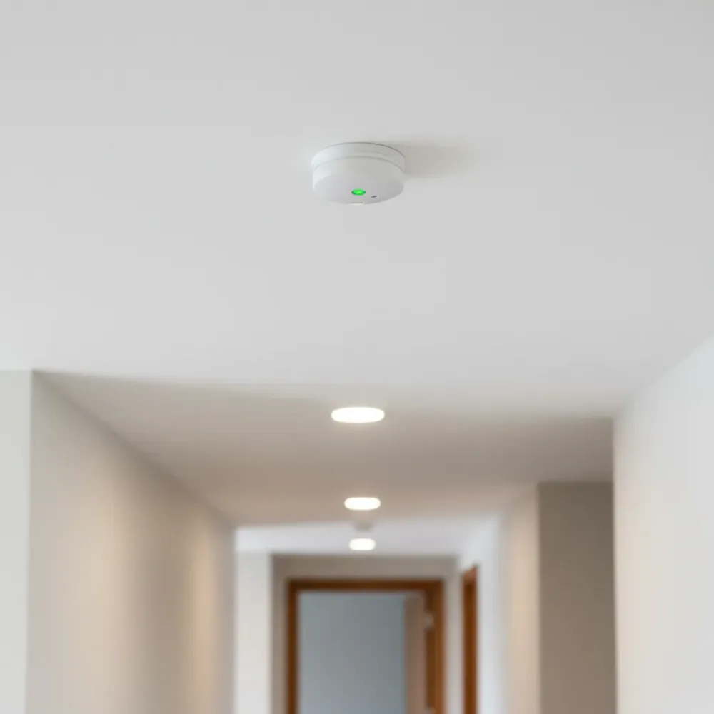 Completed smoke detector installation on ceiling in modern Oahu home hallway