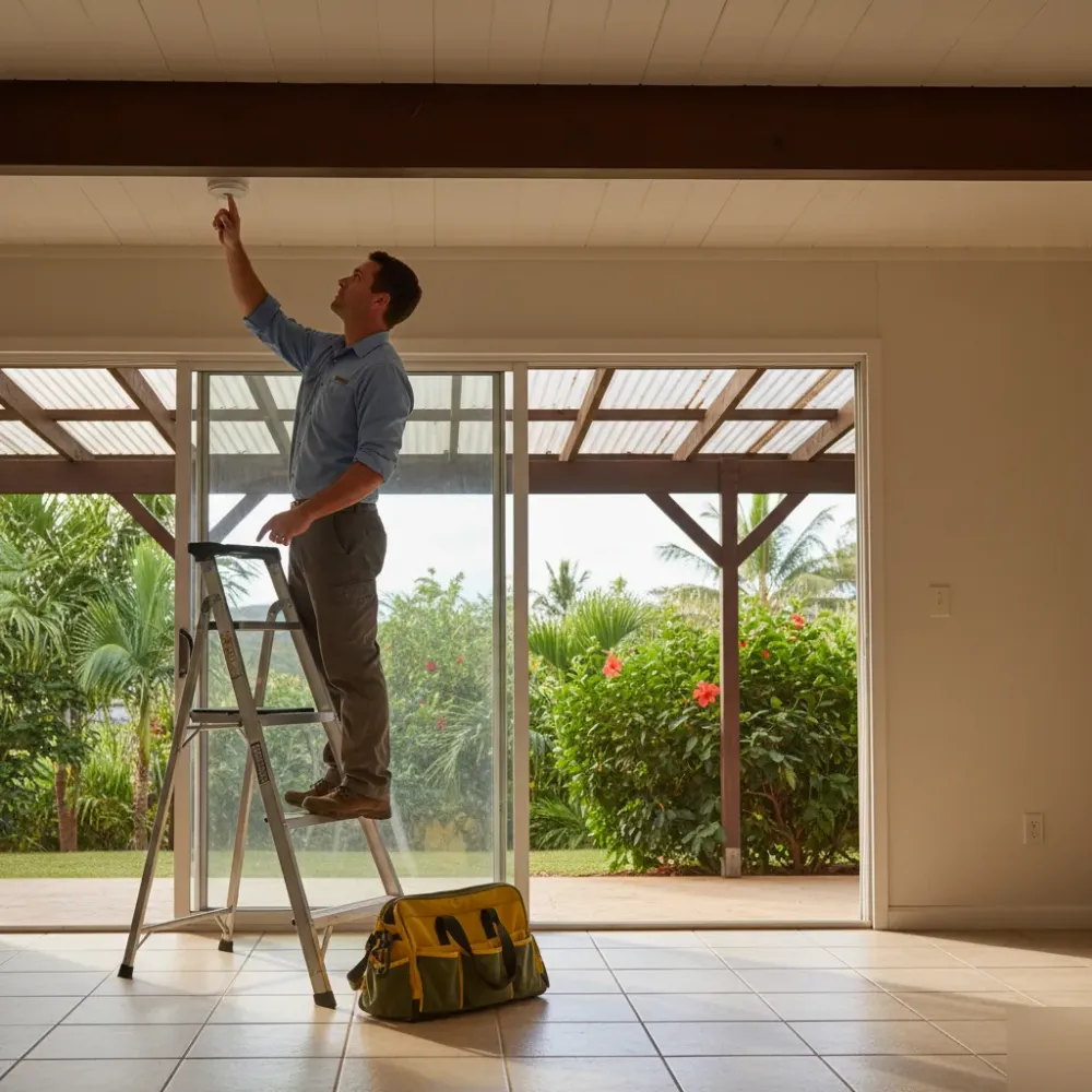 Electrician testing smoke detector installation inside plantation-style home on Oahu