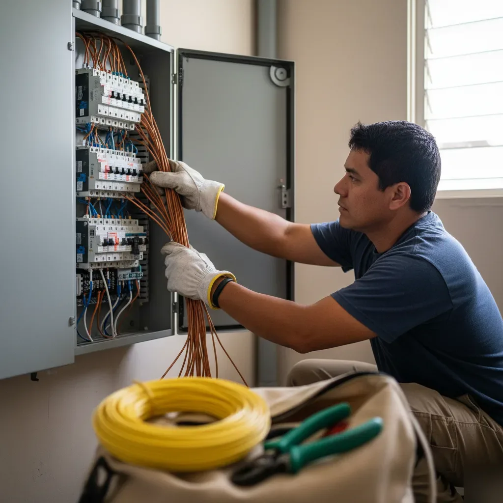 Whole home rewiring service in Oahu electrician working on residential electrical panel