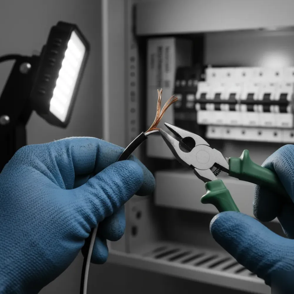 Close-up of electrical wiring being stripped during whole home rewiring in Oahu