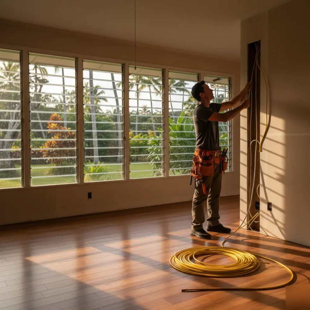 Electrician rewiring interior walls of Oahu home during whole home rewiring service