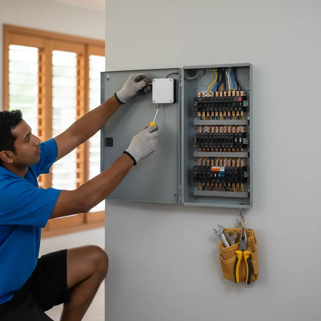 Electrician installing whole-home surge protection device in Oahu residential electrical panel