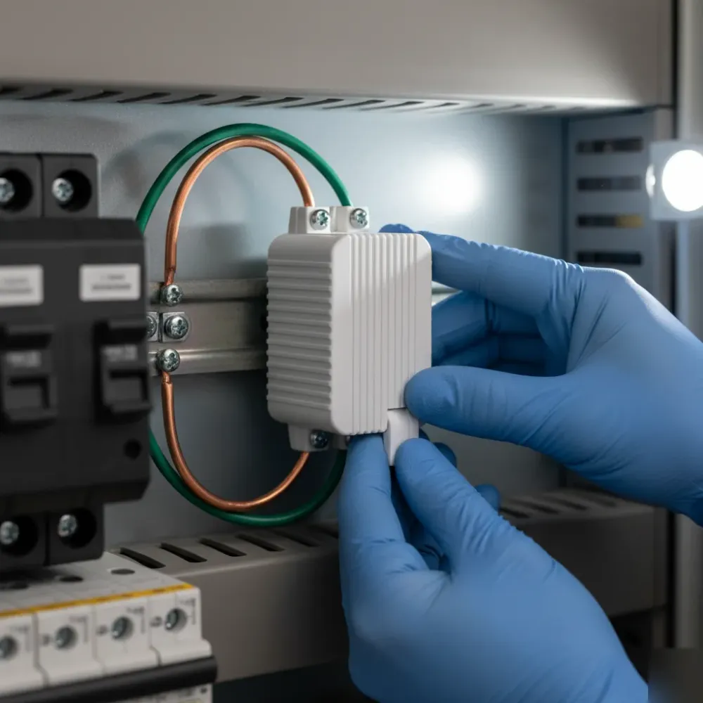 Close-up of surge protector device being connected inside home electrical panel Oahu