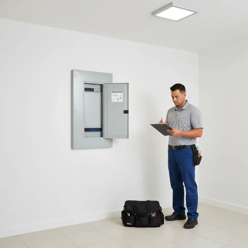 Completed whole-home surge protection installation inside clean Oahu residential utility room