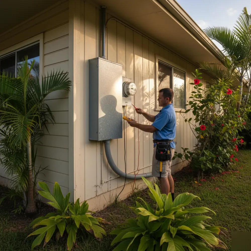 Electrician inspecting exterior electrical panel of Oahu home for surge protection assessment