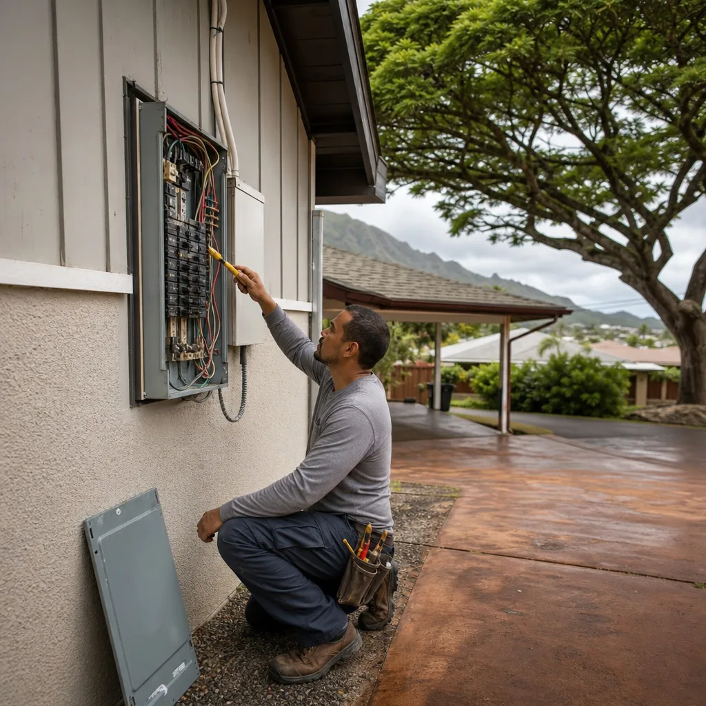 Electrician inspecting home panel near Aina Haina Shopping Center in Honolulu