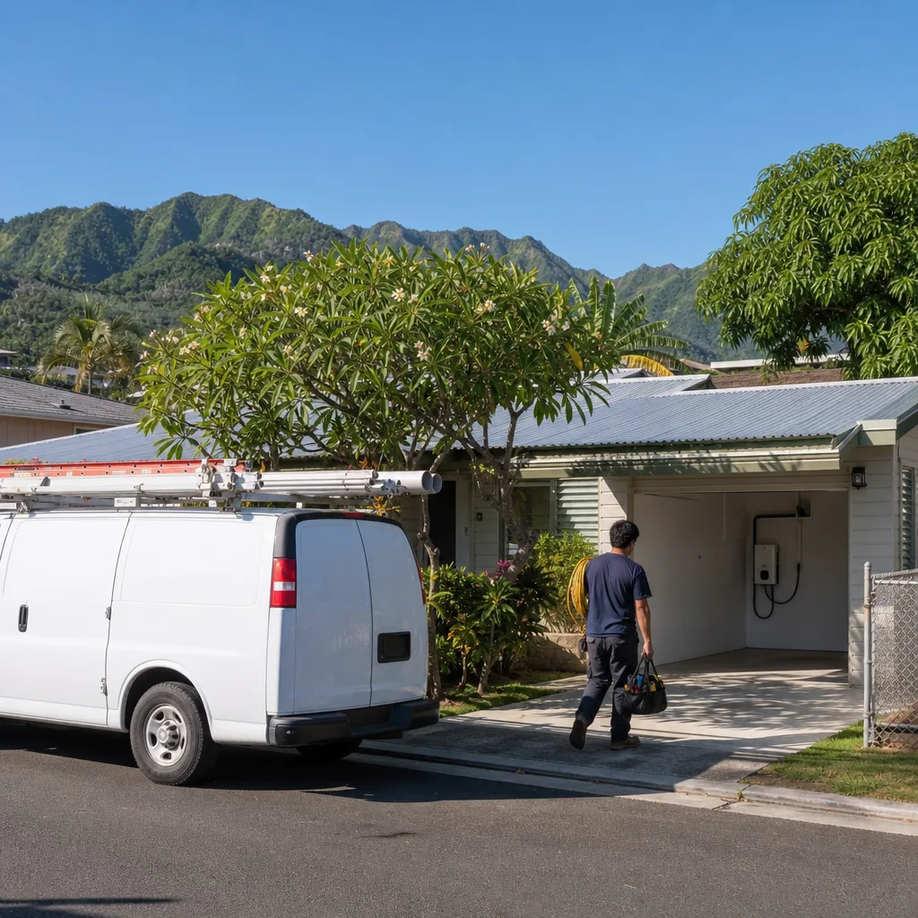 Electrician van and EV charger job near Aina Haina Shopping Center Honolulu home