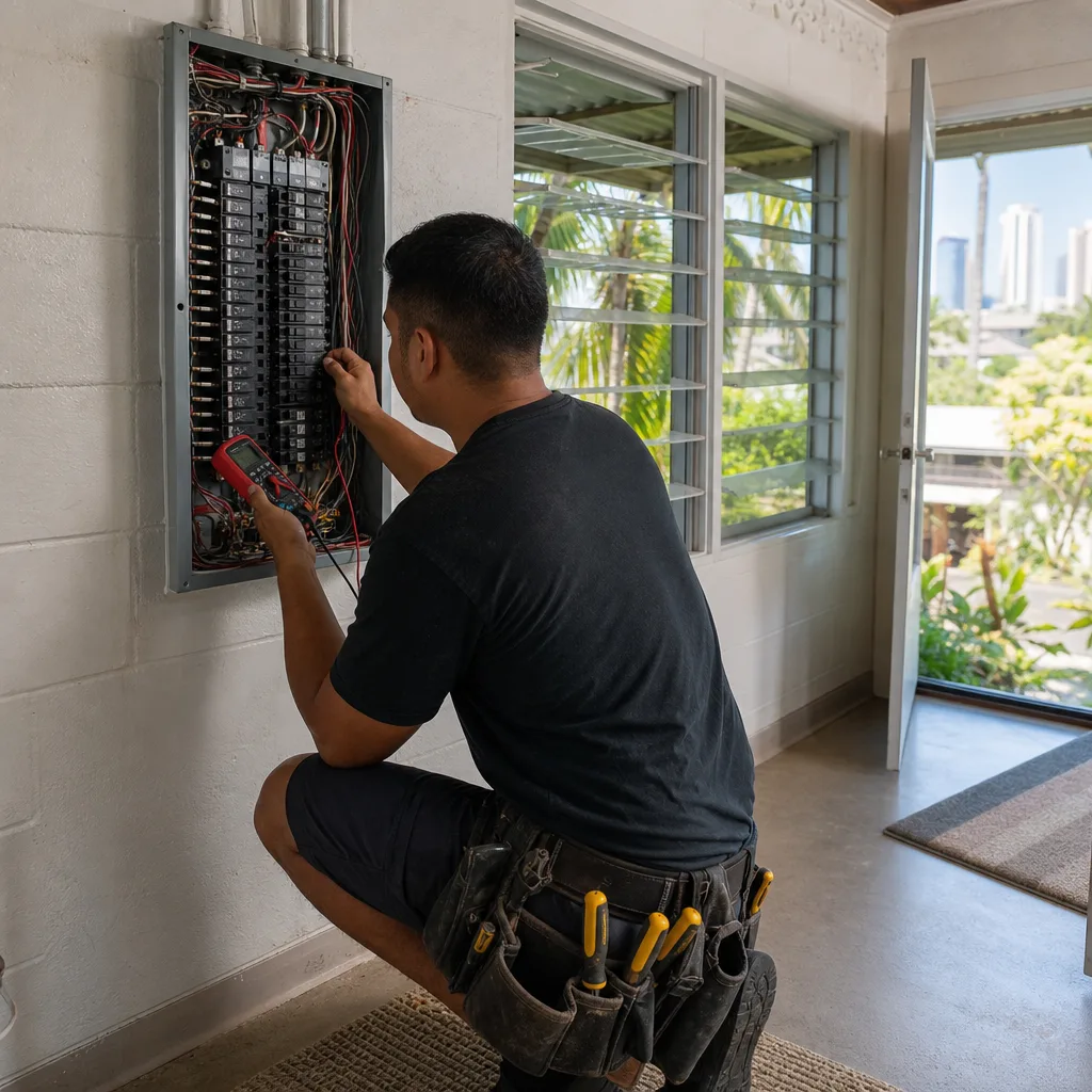 Electrician near Ala Moana Center Honolulu repairing breaker panel in local home