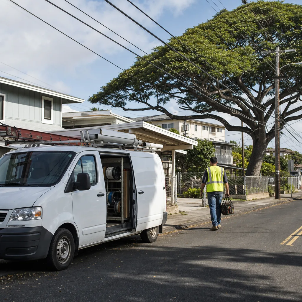 electrician-near-ala-moana-center-honolulu-service-van-street Electrician van near Ala Moana Center Honolulu on residential street
