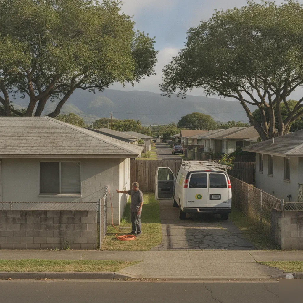 electrician-service-van-ewa-beach-residential-street Electrician service van parked on residential Ewa Beach street near park